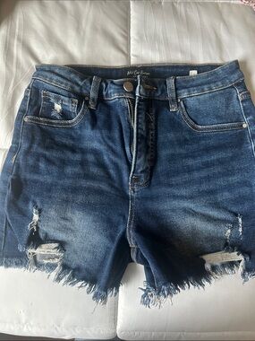 Denim Distressed Frayed Hem Women's Shorts - Dark Blue